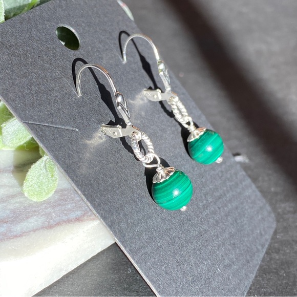 Malachite Earrings Sterling Silver Lever Back natural gemstone - Picture 10 of 11